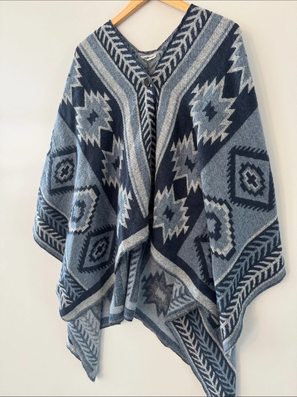 Collections Etc Blue Aztec Poncho Sweater with Button Closure
